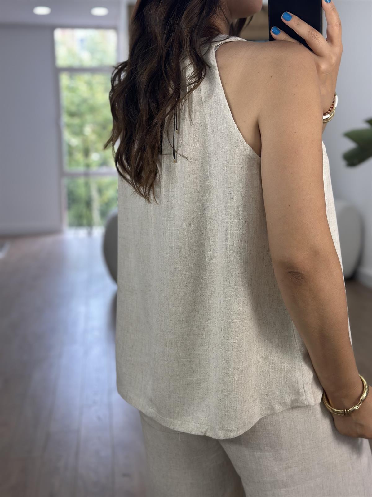 Halter Yaka Naturel Keten Bluz