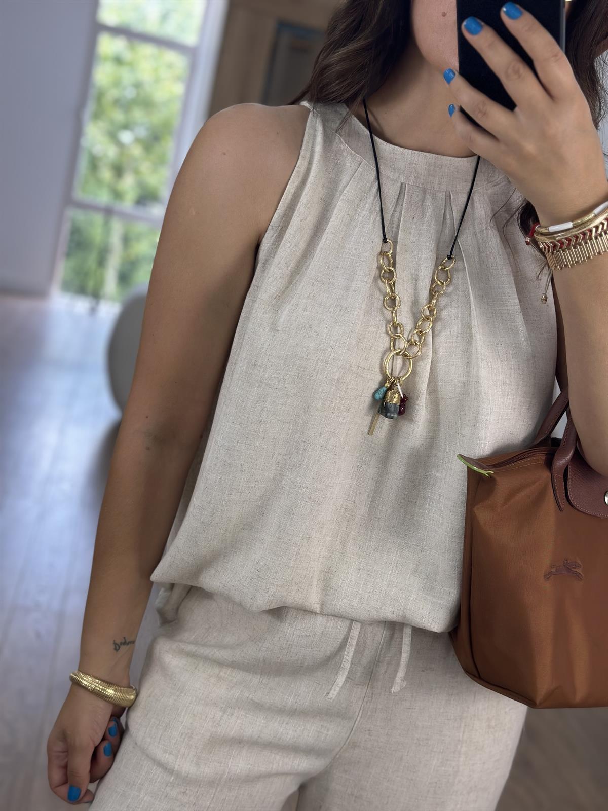 Halter Yaka Naturel Keten Bluz