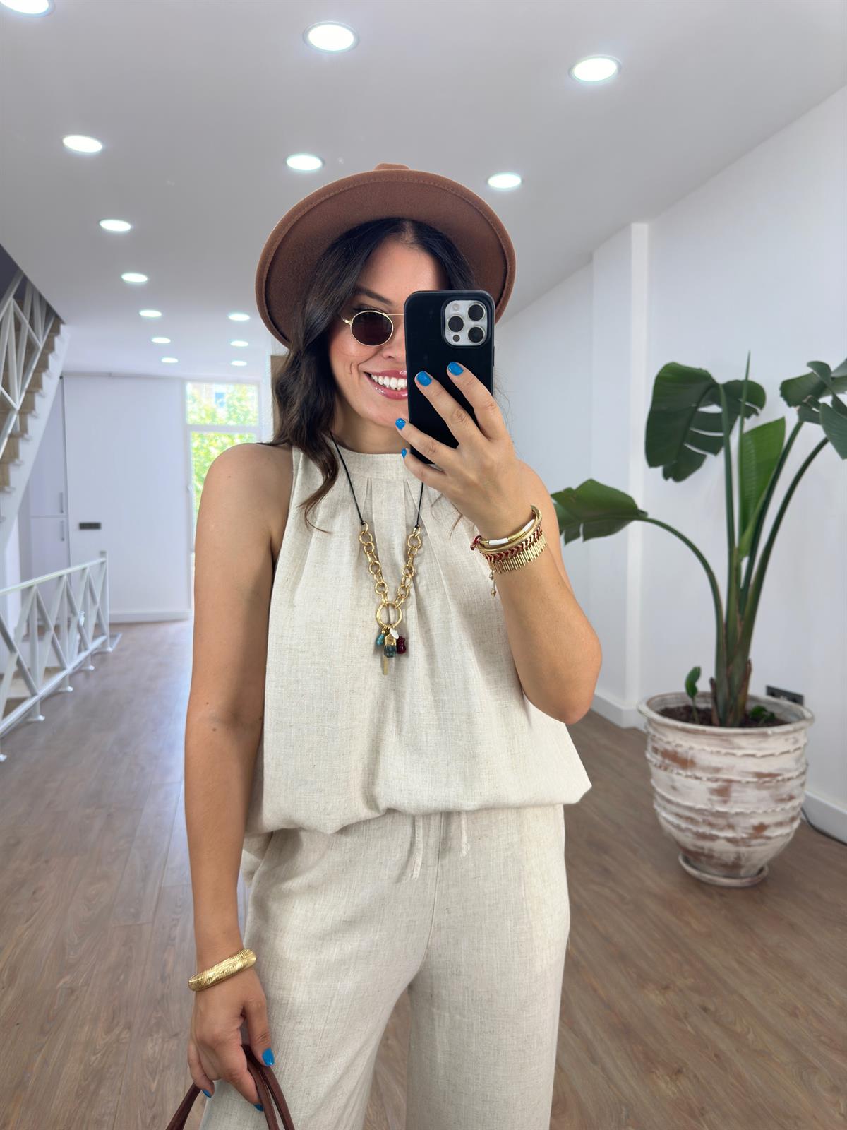 Halter Yaka Naturel Keten Bluz