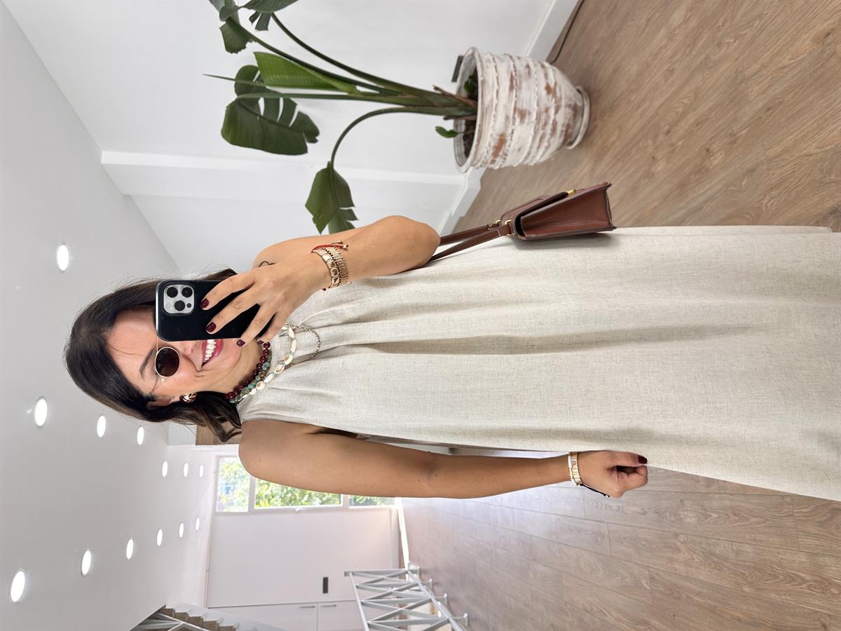 Halter Yaka Natürel Keten Elbise