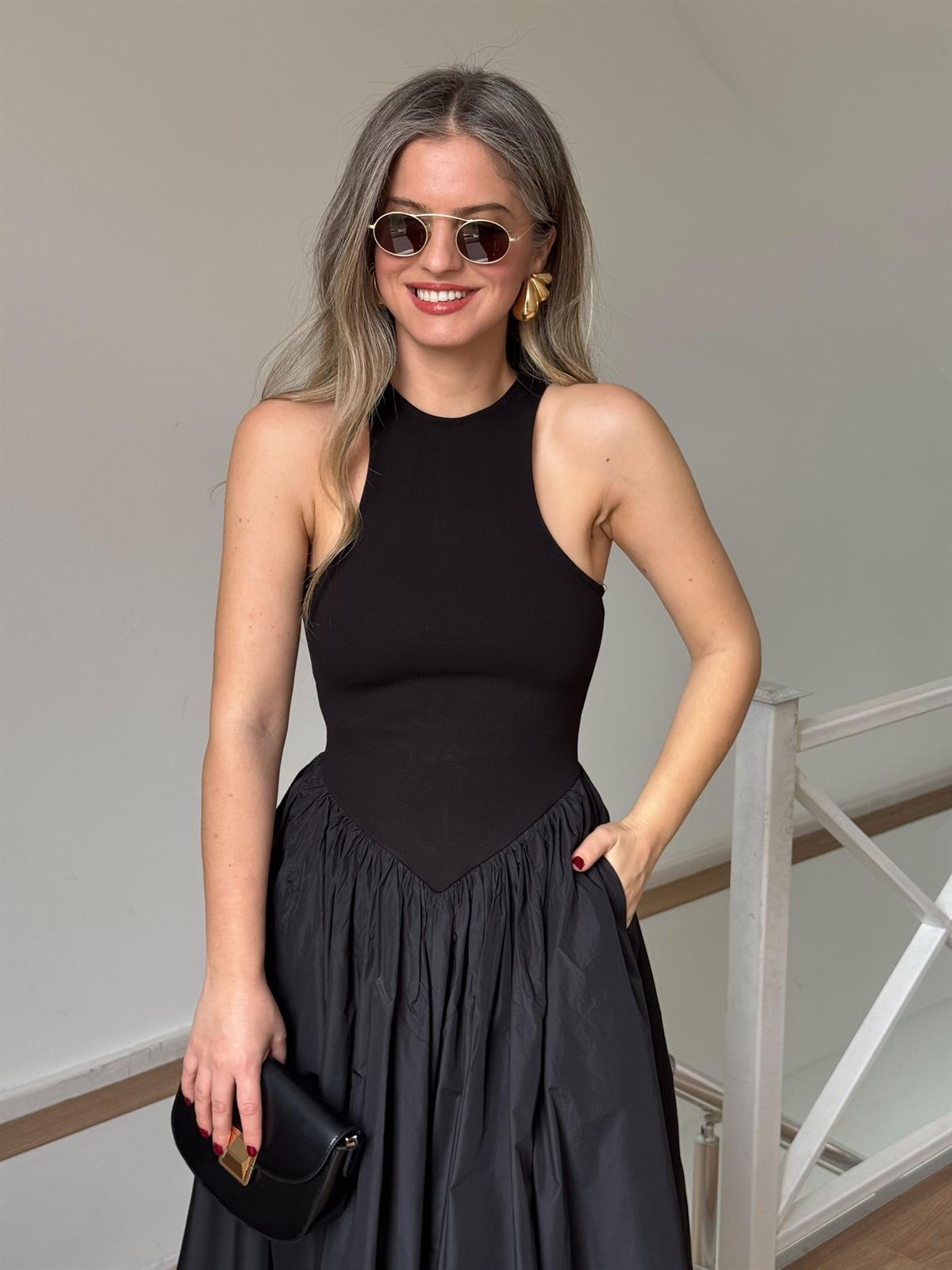 Halter Yaka Tasarım Tafta Elbise 