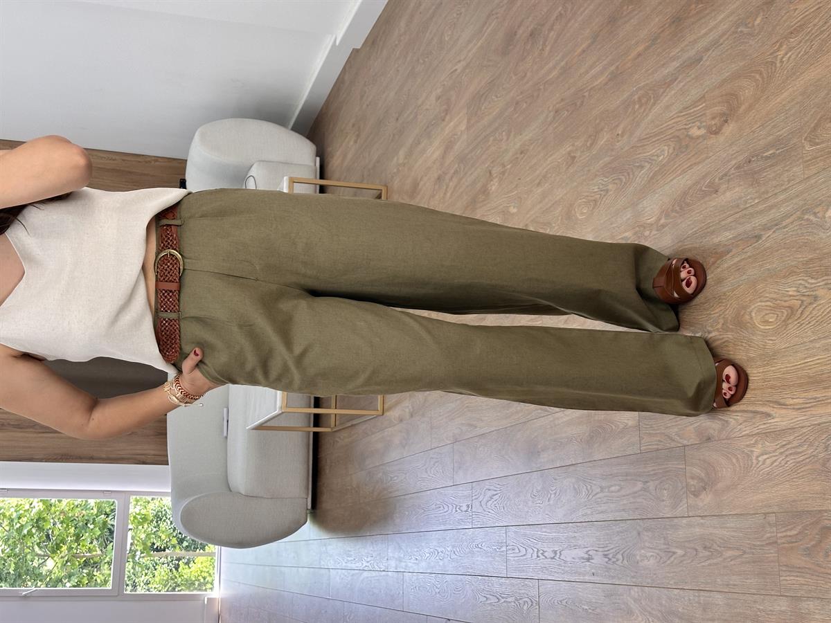 Bol Paça Keten Pantolon-Haki