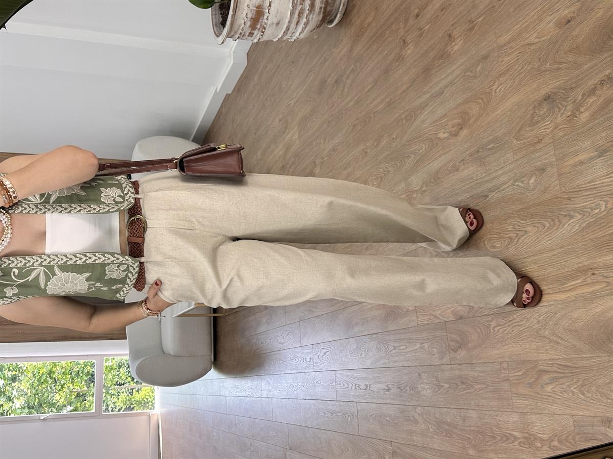 Bol Paça Keten Pantolon-Taş