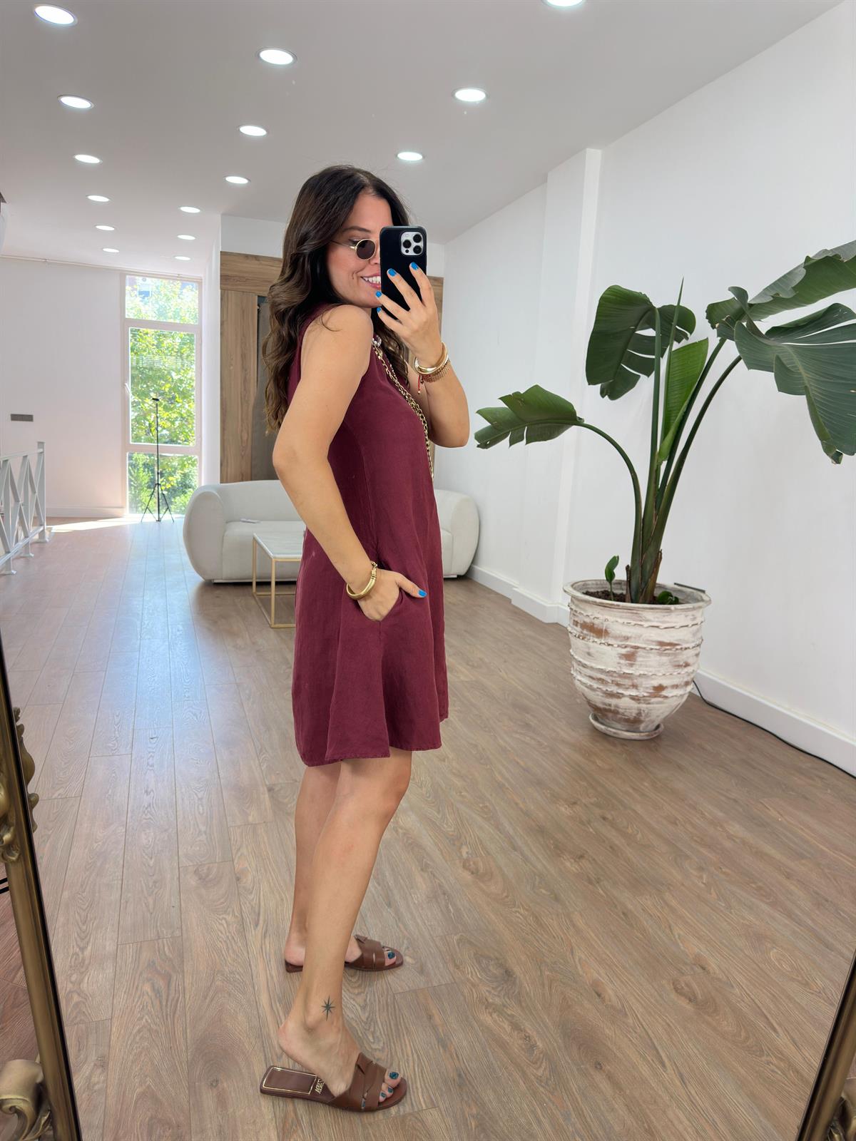 Ham Keten Cepli Salaş Elbise-Bordo