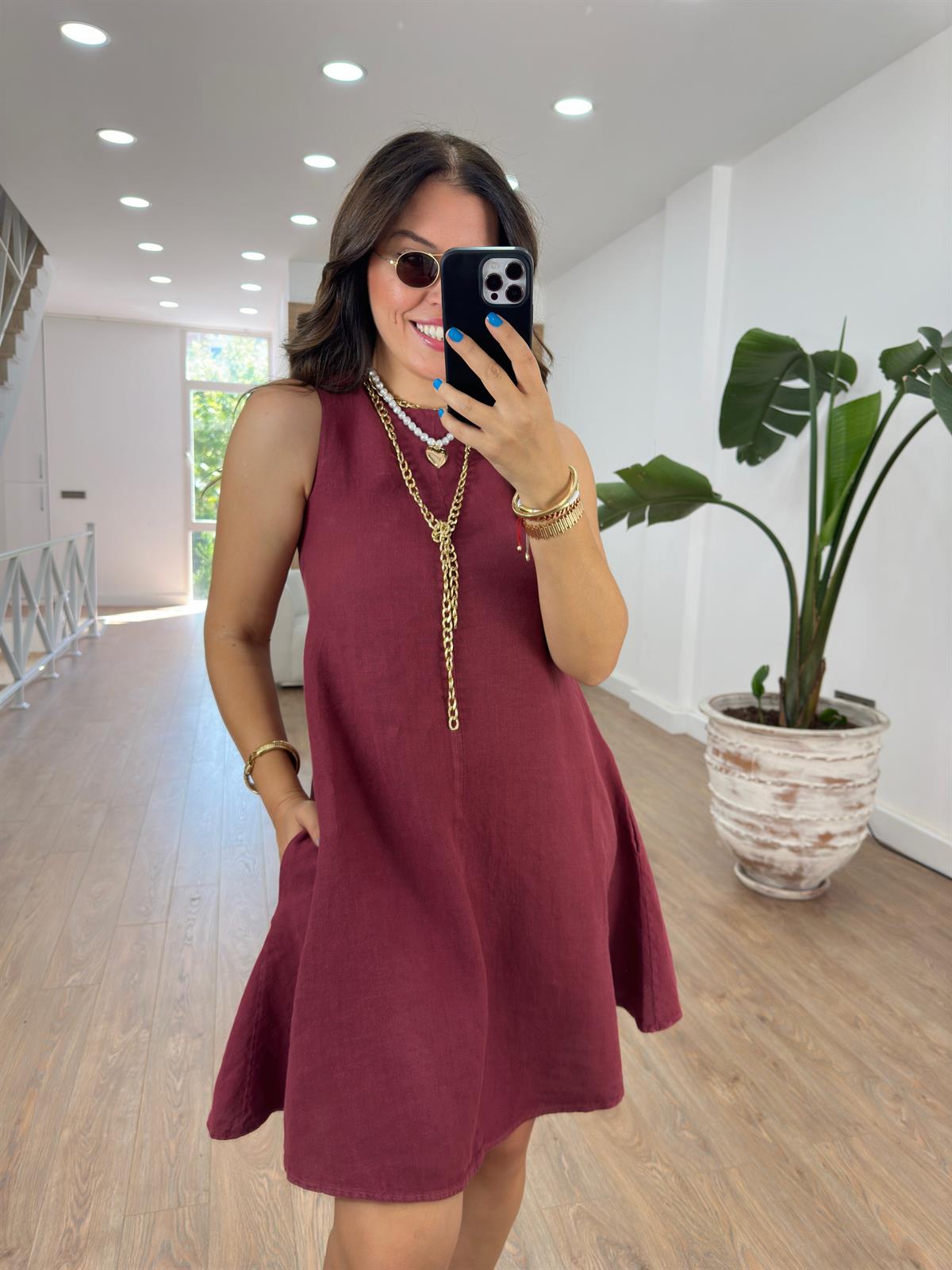 Ham Keten Cepli Salaş Elbise-Bordo