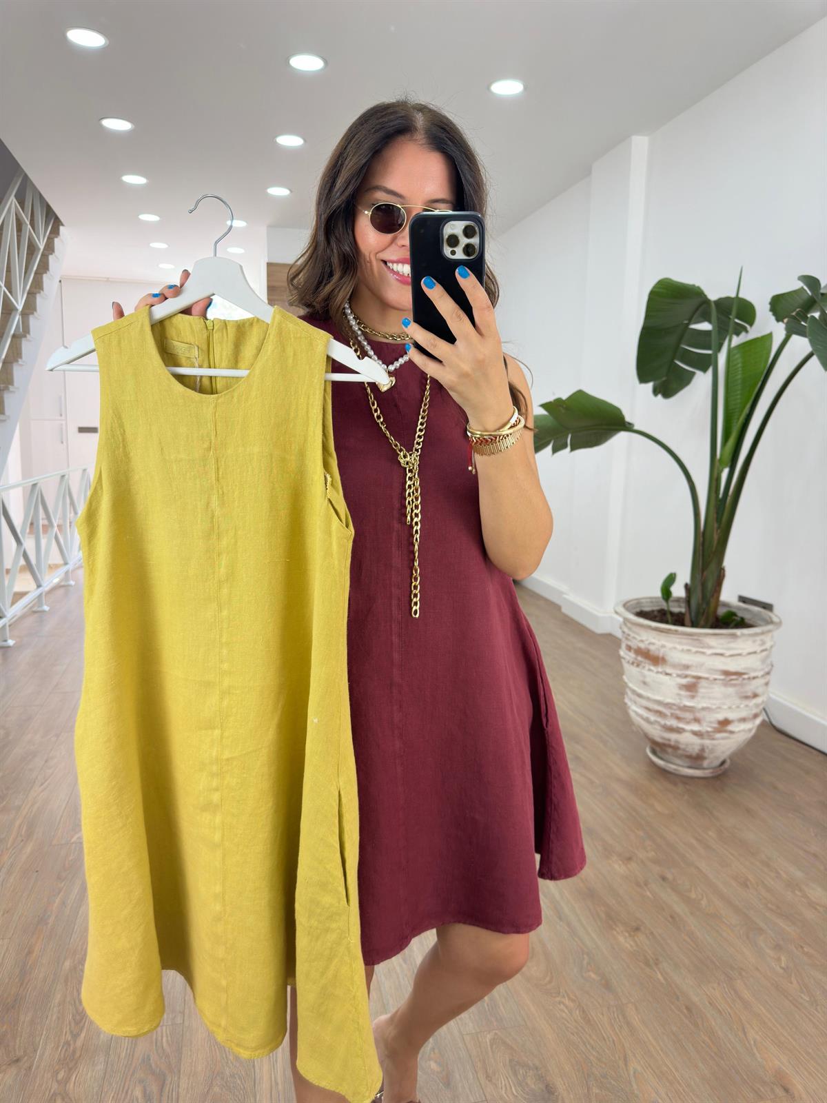 Ham Keten Cepli Salaş Elbise-Bordo