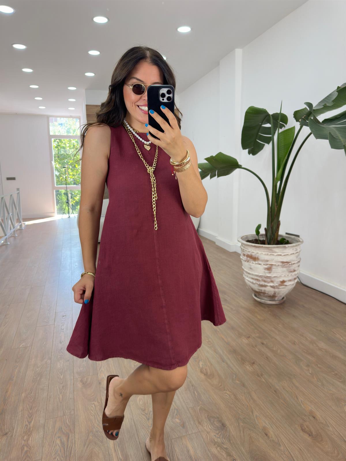 Ham Keten Cepli Salaş Elbise-Bordo