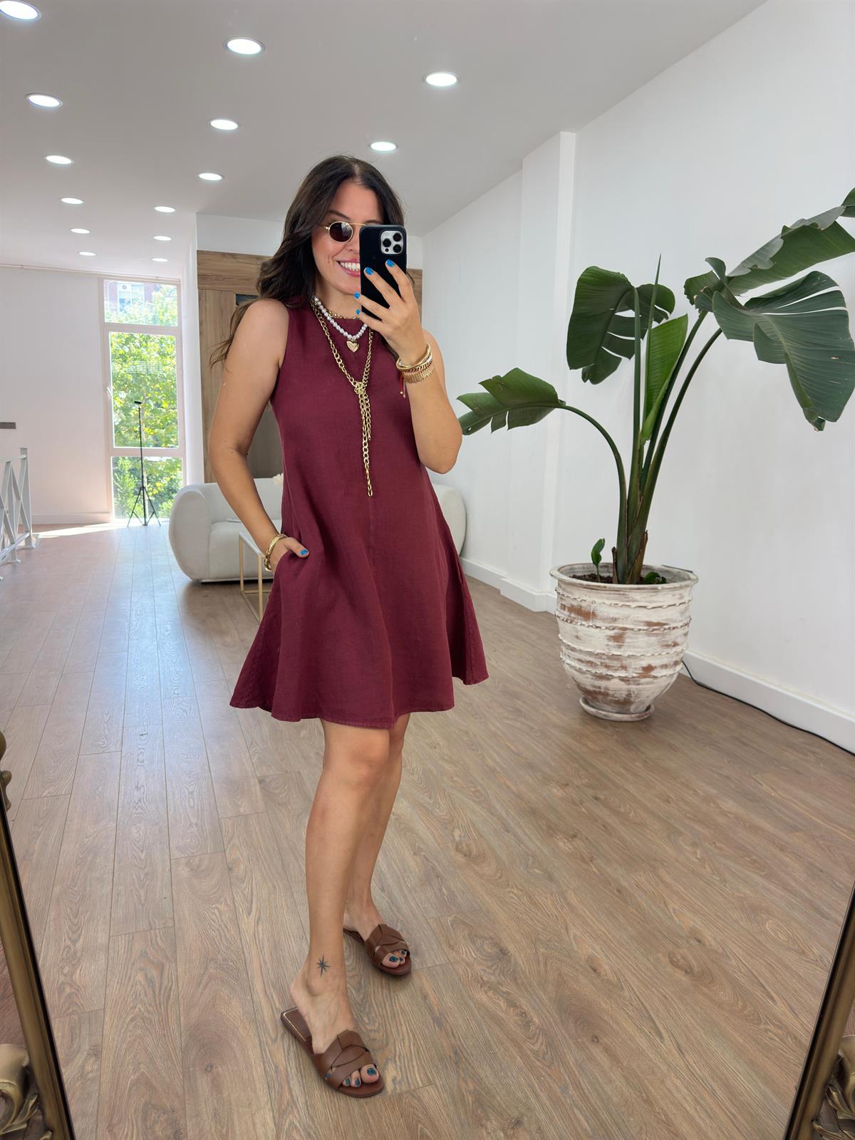 Ham Keten Cepli Salaş Elbise-Bordo