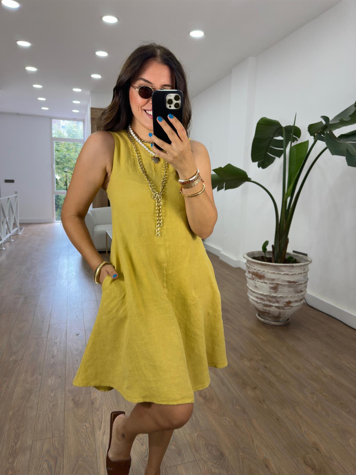 Ham Keten Cepli Salaş Elbise-Olive