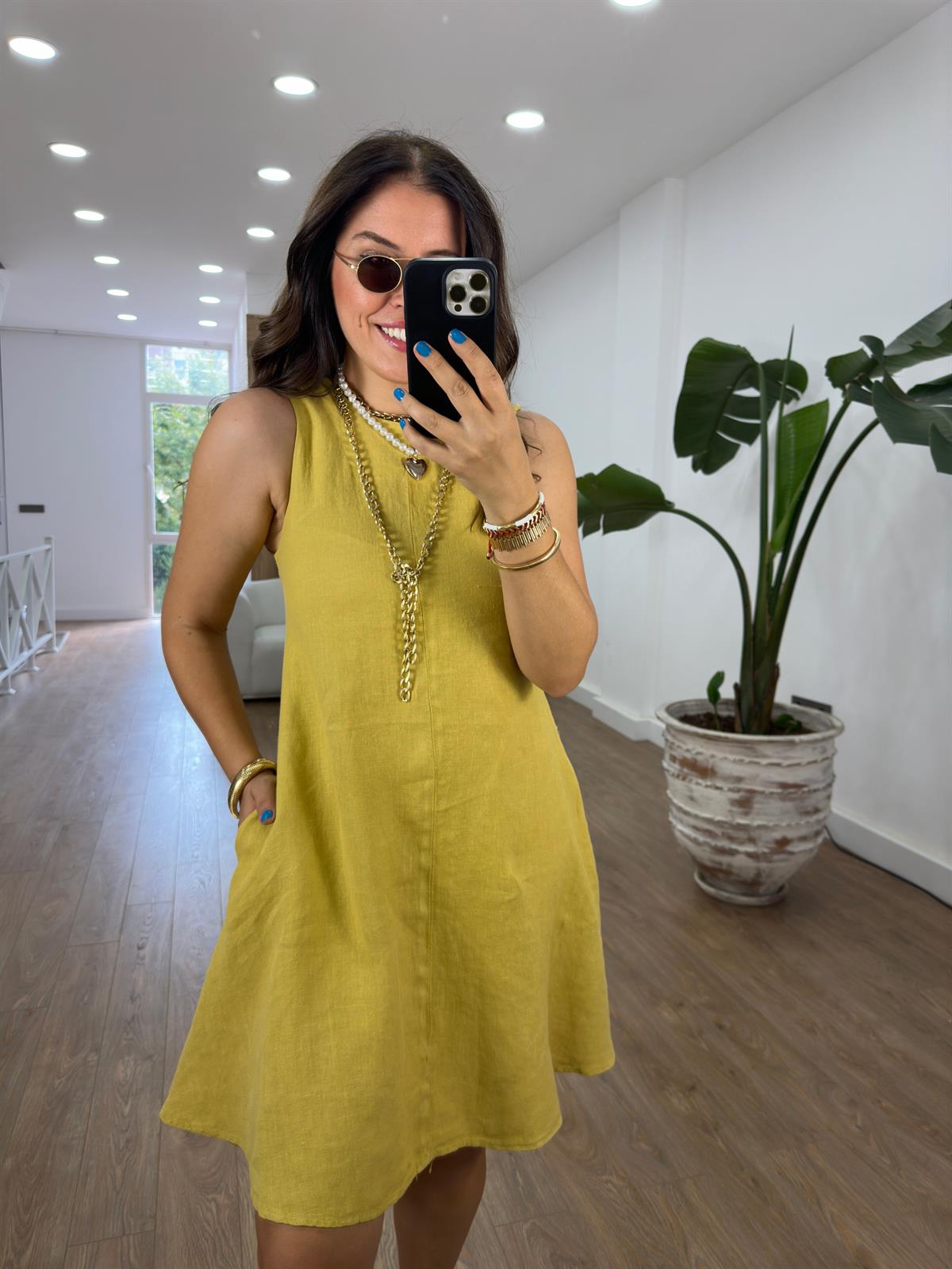 Ham Keten Cepli Salaş Elbise-Olive