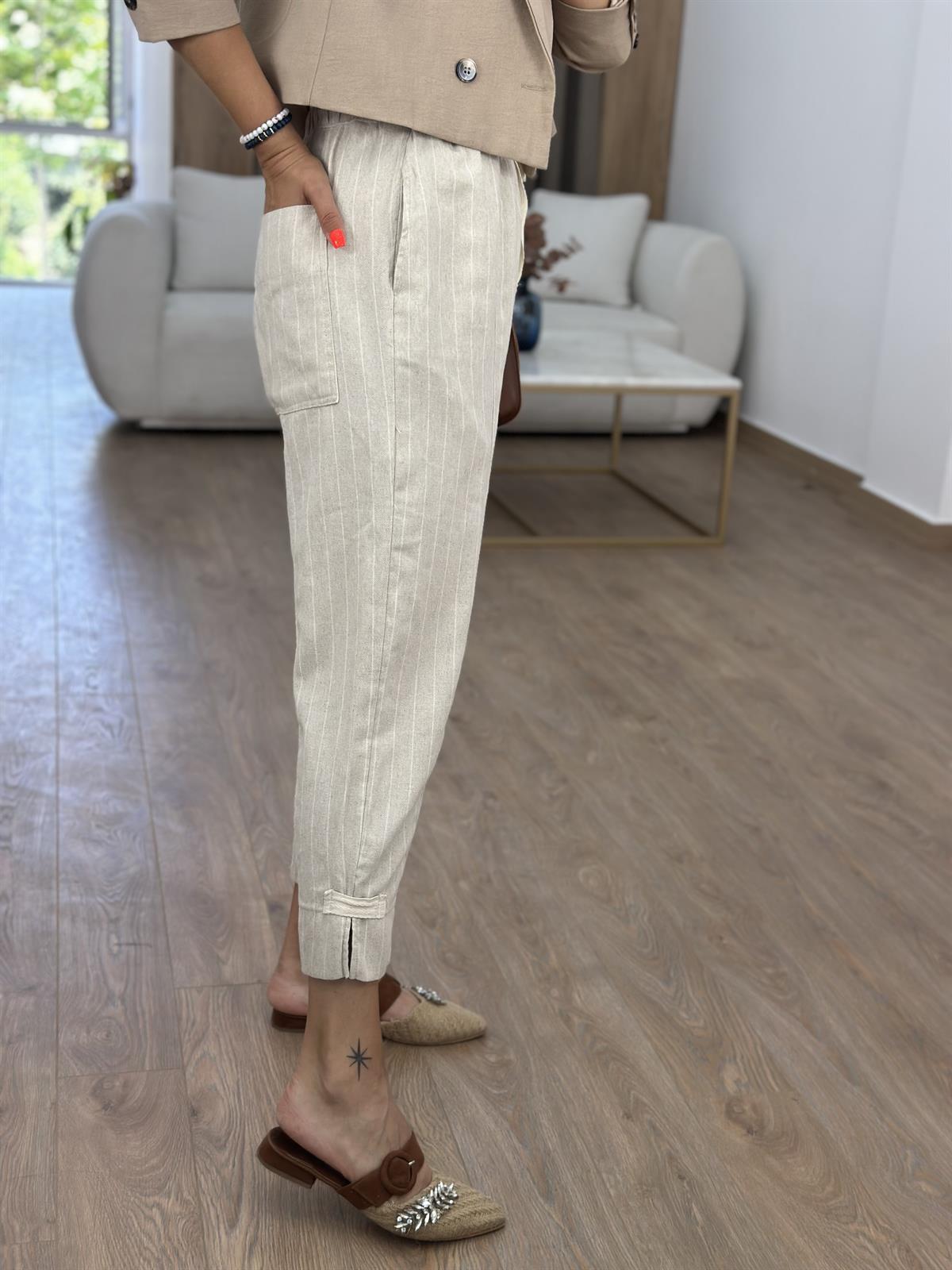 Ham Keten Tasarım Paça Beyaz Çizgili