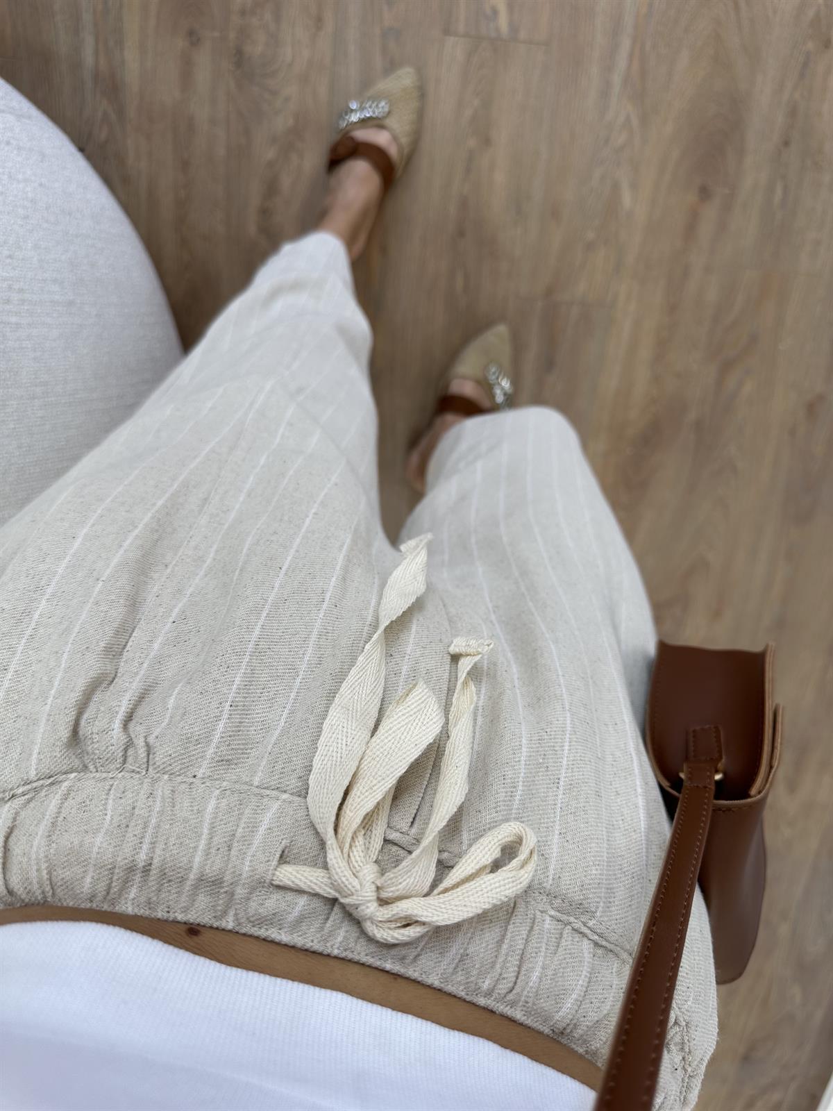 Ham Keten Tasarım Paça Beyaz Çizgili