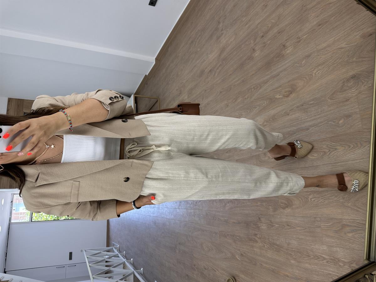 Ham Keten Tasarım Paça Beyaz Çizgili