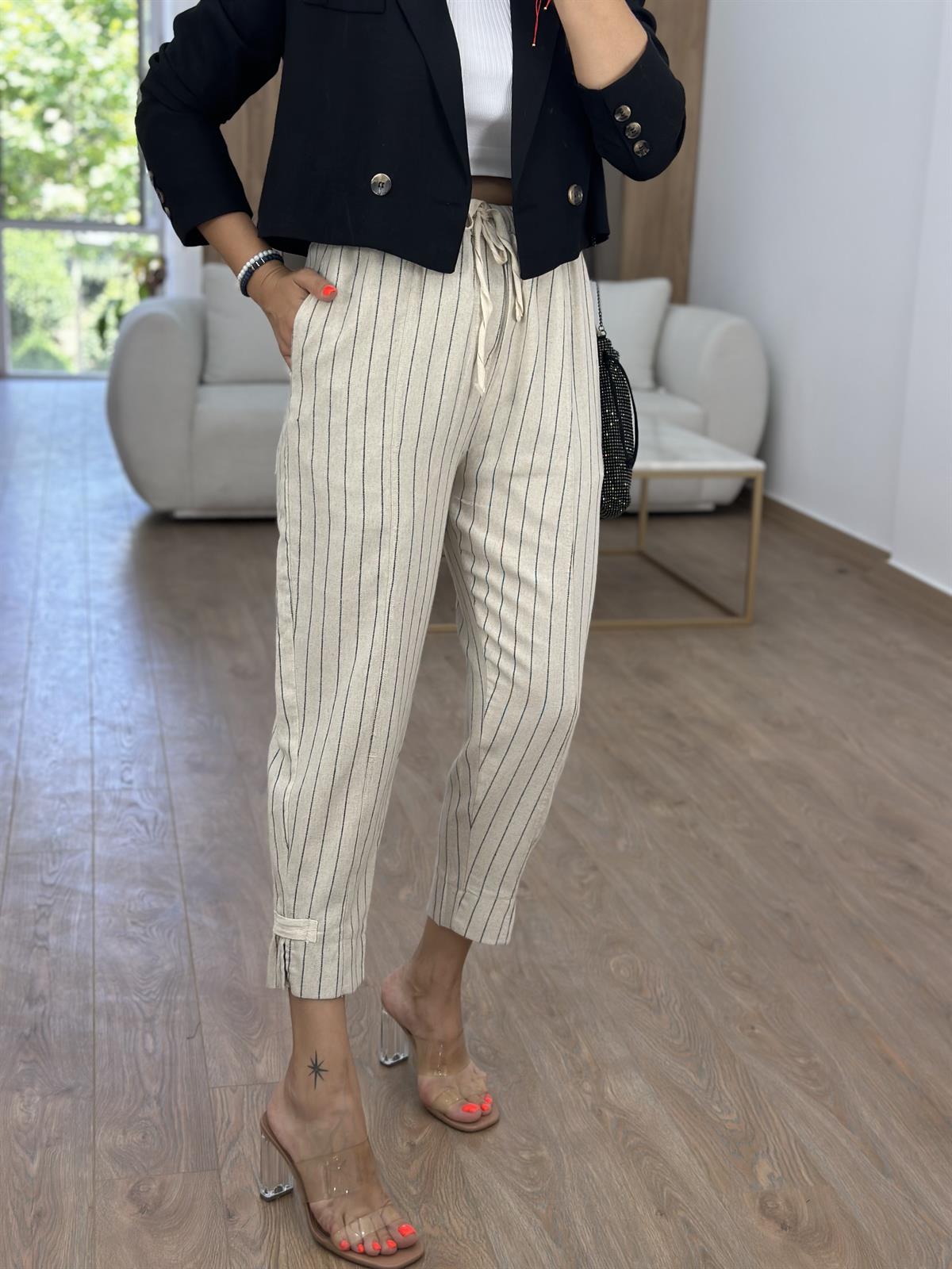 Ham Keten Tasarım Paça Siyah Çizgili