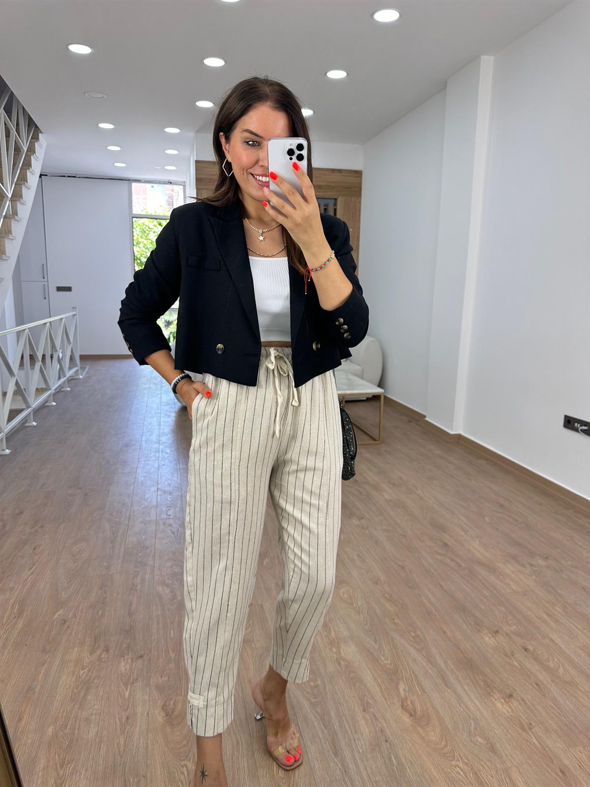 Ham Keten Tasarım Paça Siyah Çizgili