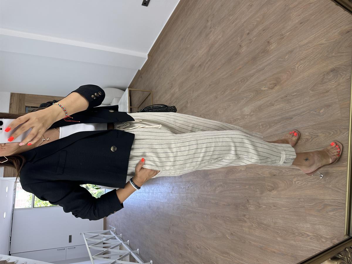 Ham Keten Tasarım Paça Siyah Çizgili