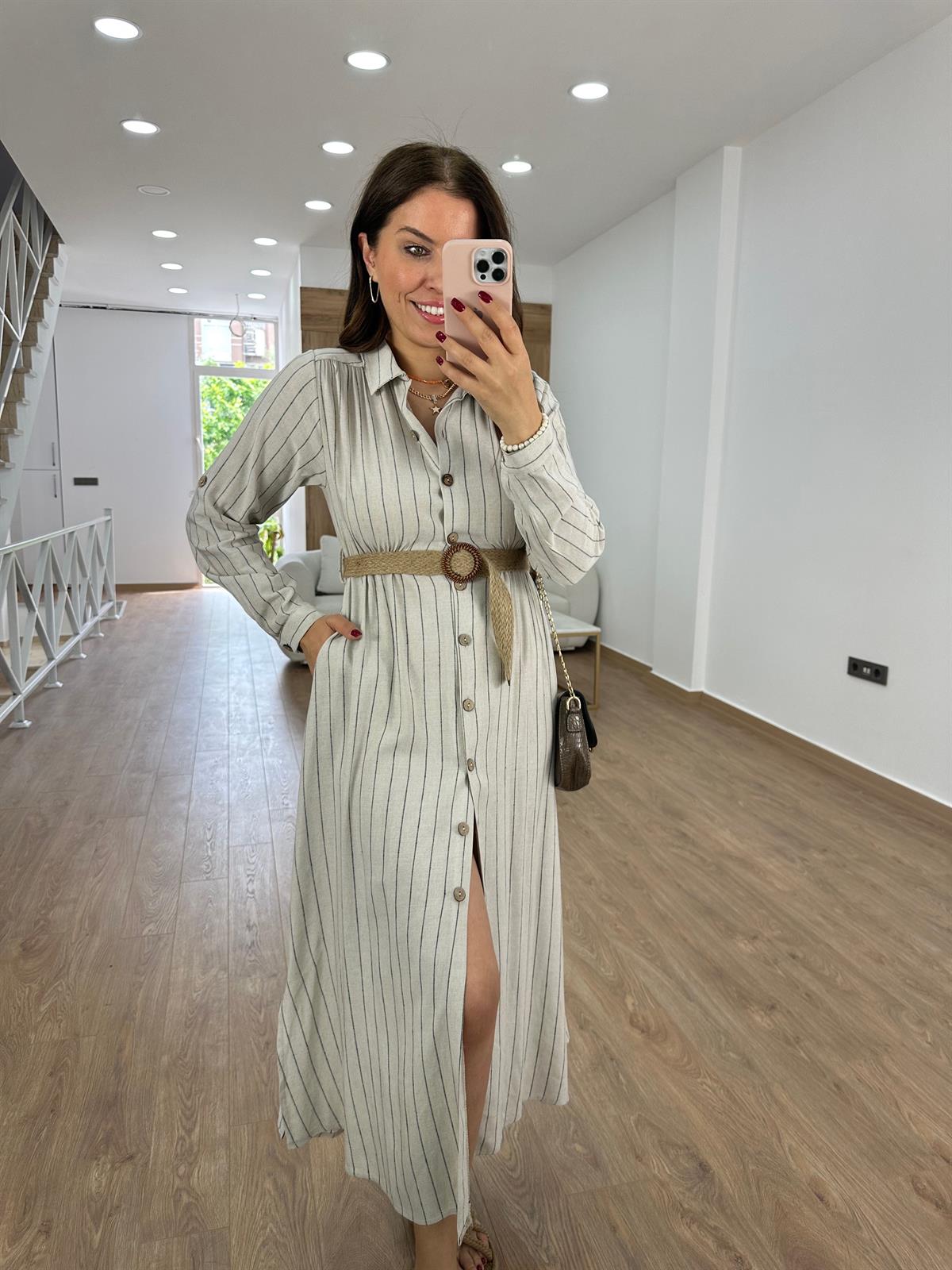 Hasır Kemerli Çizgili Keten Elbise-Lacivert