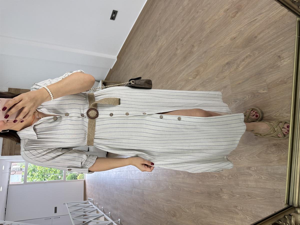 Hasır Kemerli Çizgili Keten Elbise-Lacivert