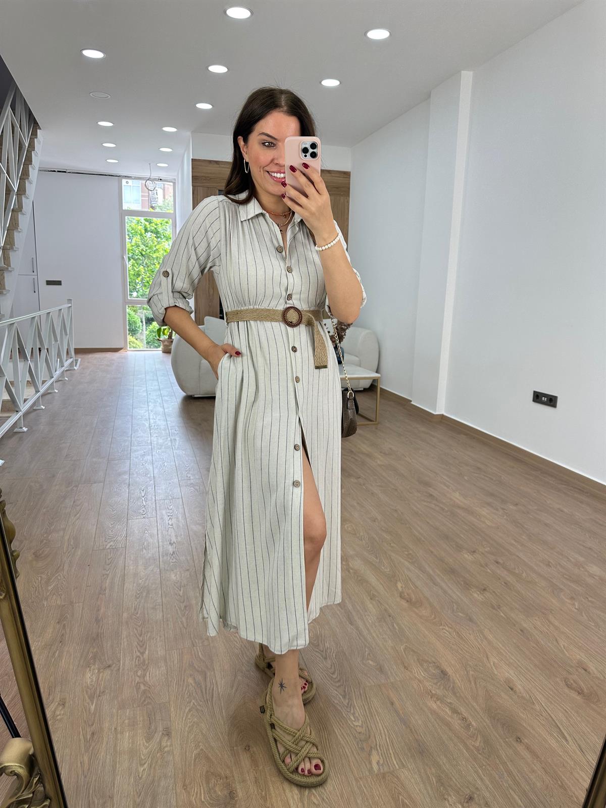 Hasır Kemerli Çizgili Keten Elbise-Lacivert