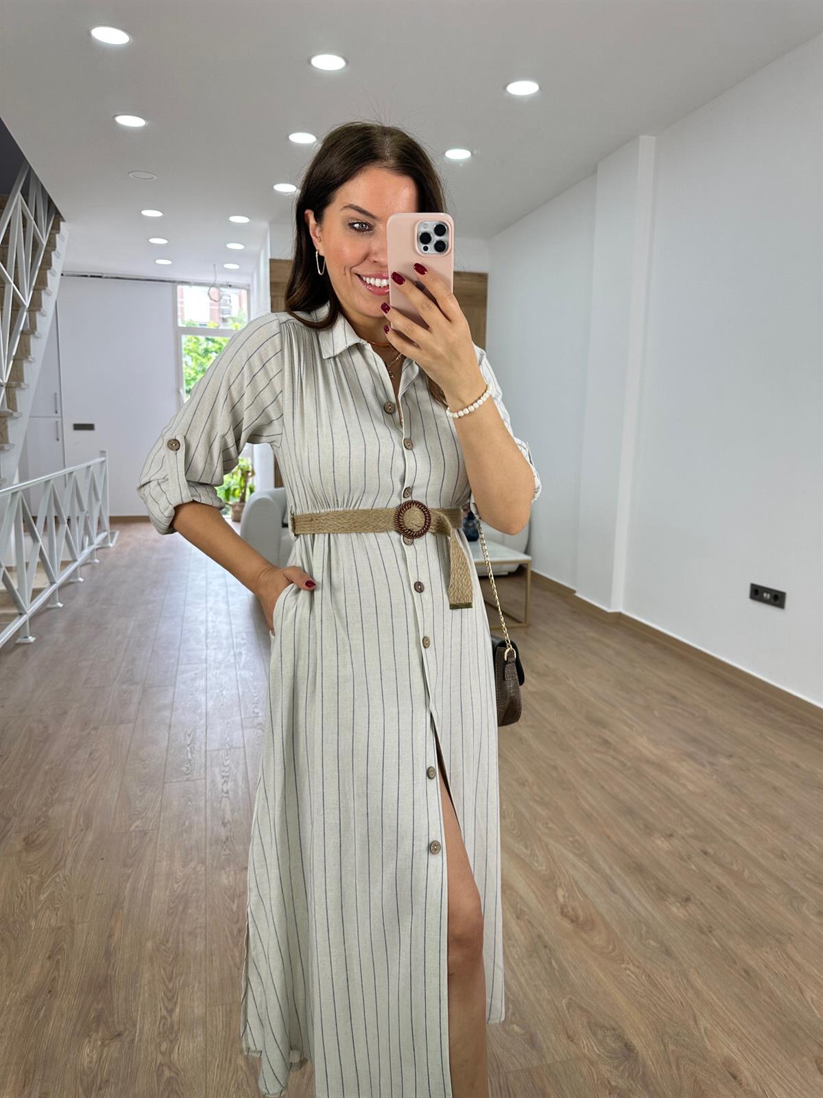 Hasır Kemerli Çizgili Keten Elbise-Lacivert