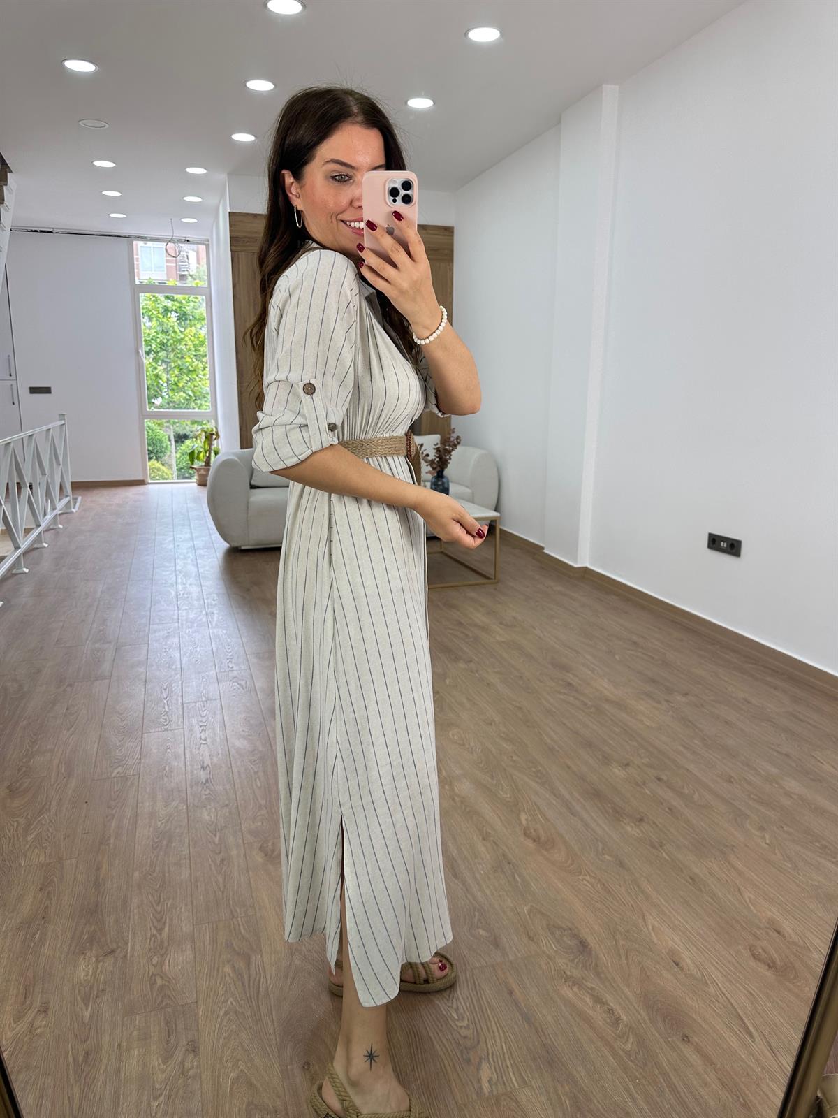 Hasır Kemerli Çizgili Keten Elbise-Lacivert