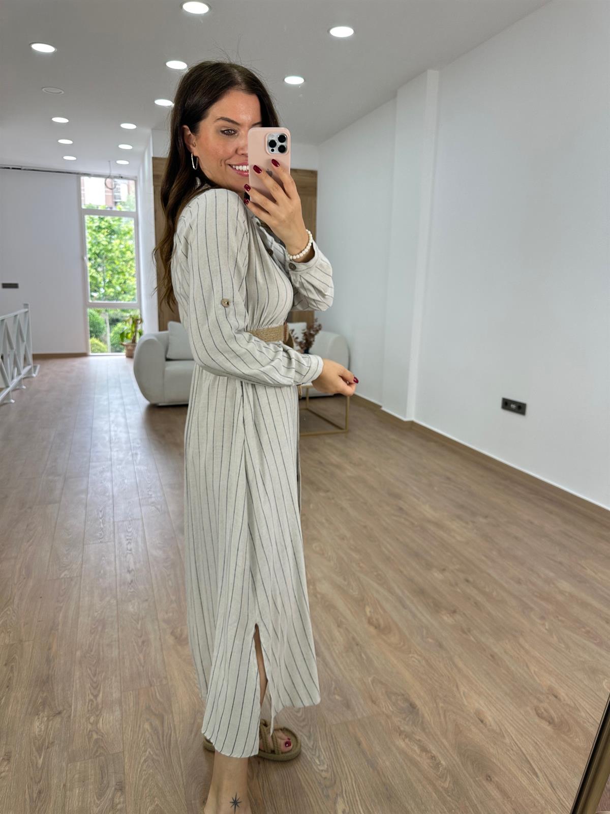 Hasır Kemerli Çizgili Keten Elbise-Siyah