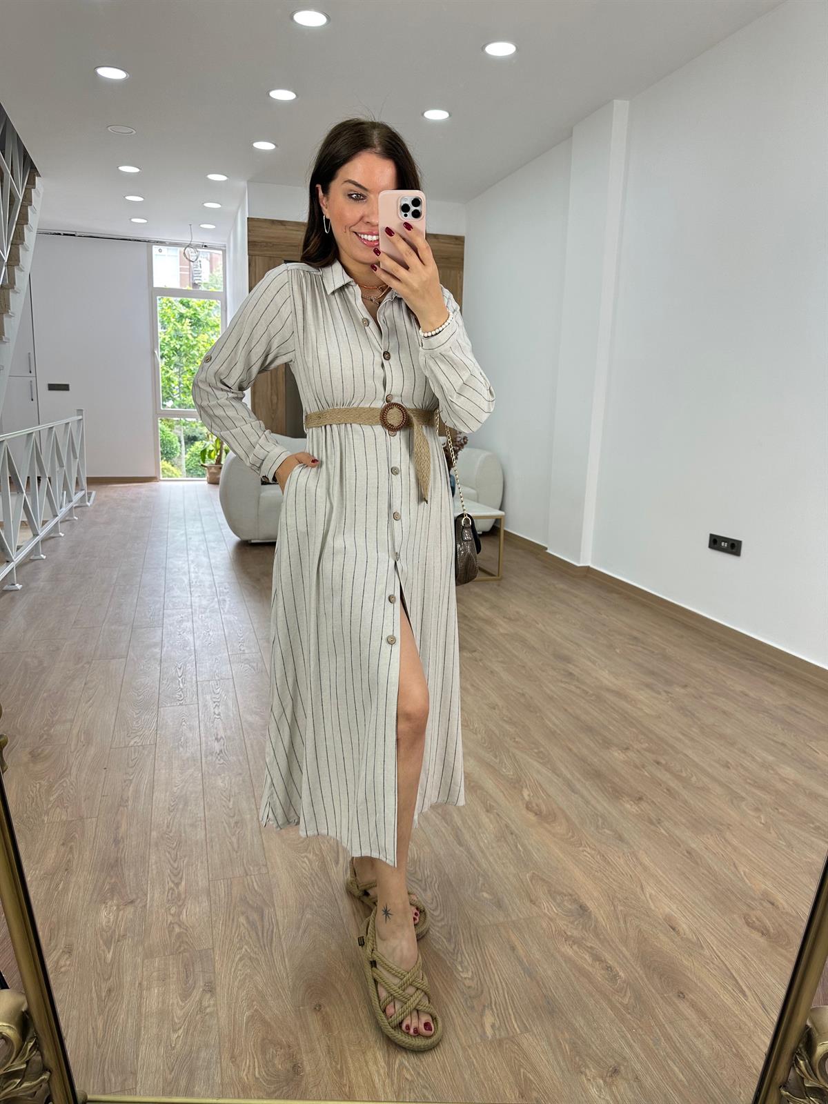 Hasır Kemerli Çizgili Keten Elbise-Siyah