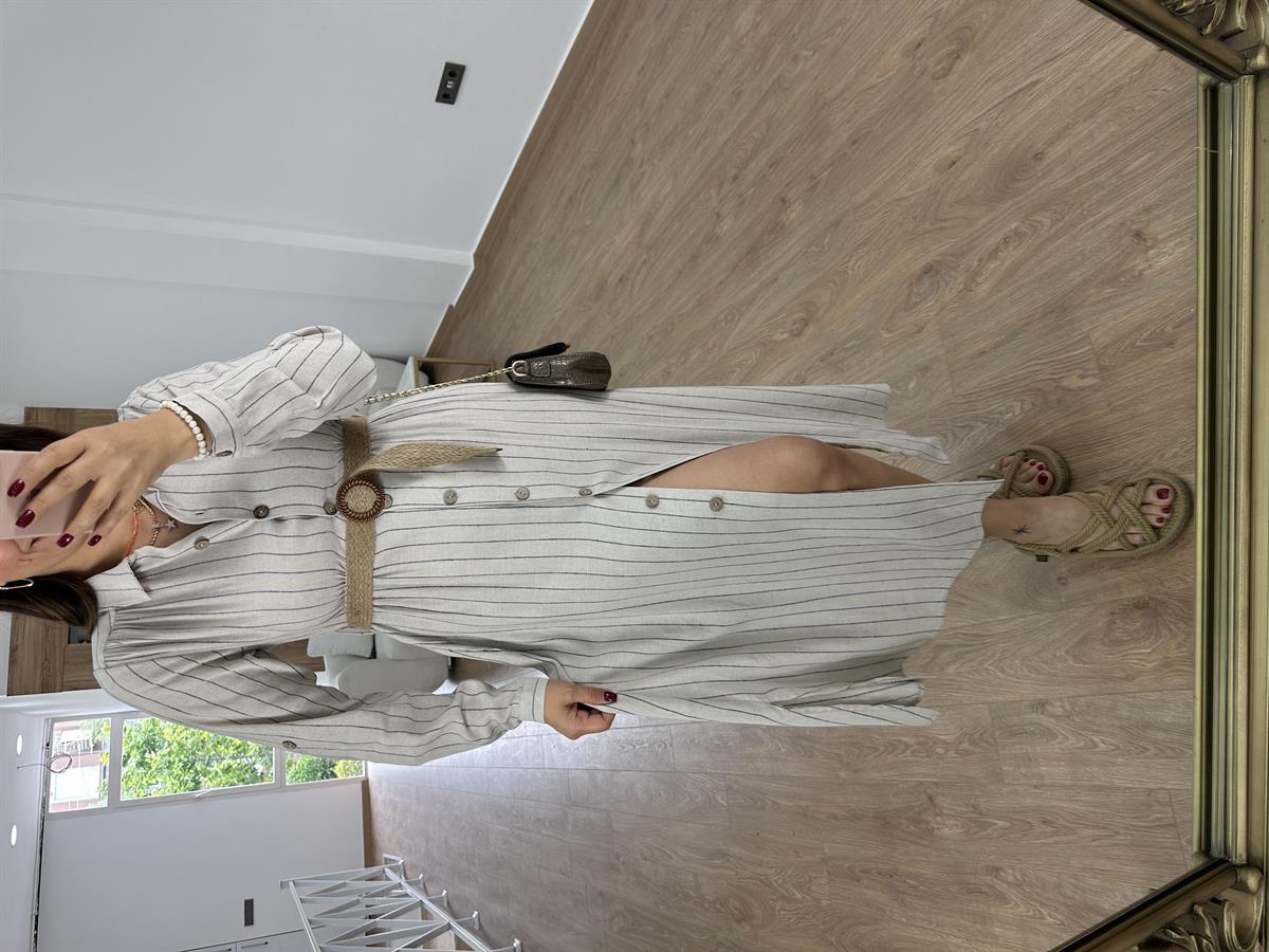 Hasır Kemerli Çizgili Keten Elbise-Siyah