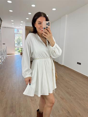 Hasır Kemerli Keten Kloş Elbise-Beyaz