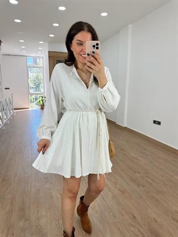 Hasır Kemerli Keten Kloş Elbise-Beyaz