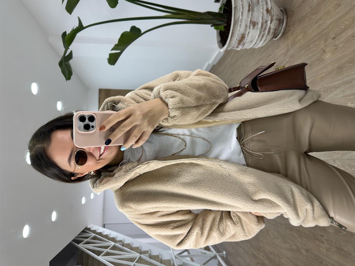 İçerisi Astarlı Kapüşonlu Kürk-Bej