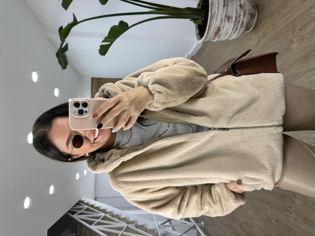 İçerisi Astarlı Kapüşonlu Kürk-Bej