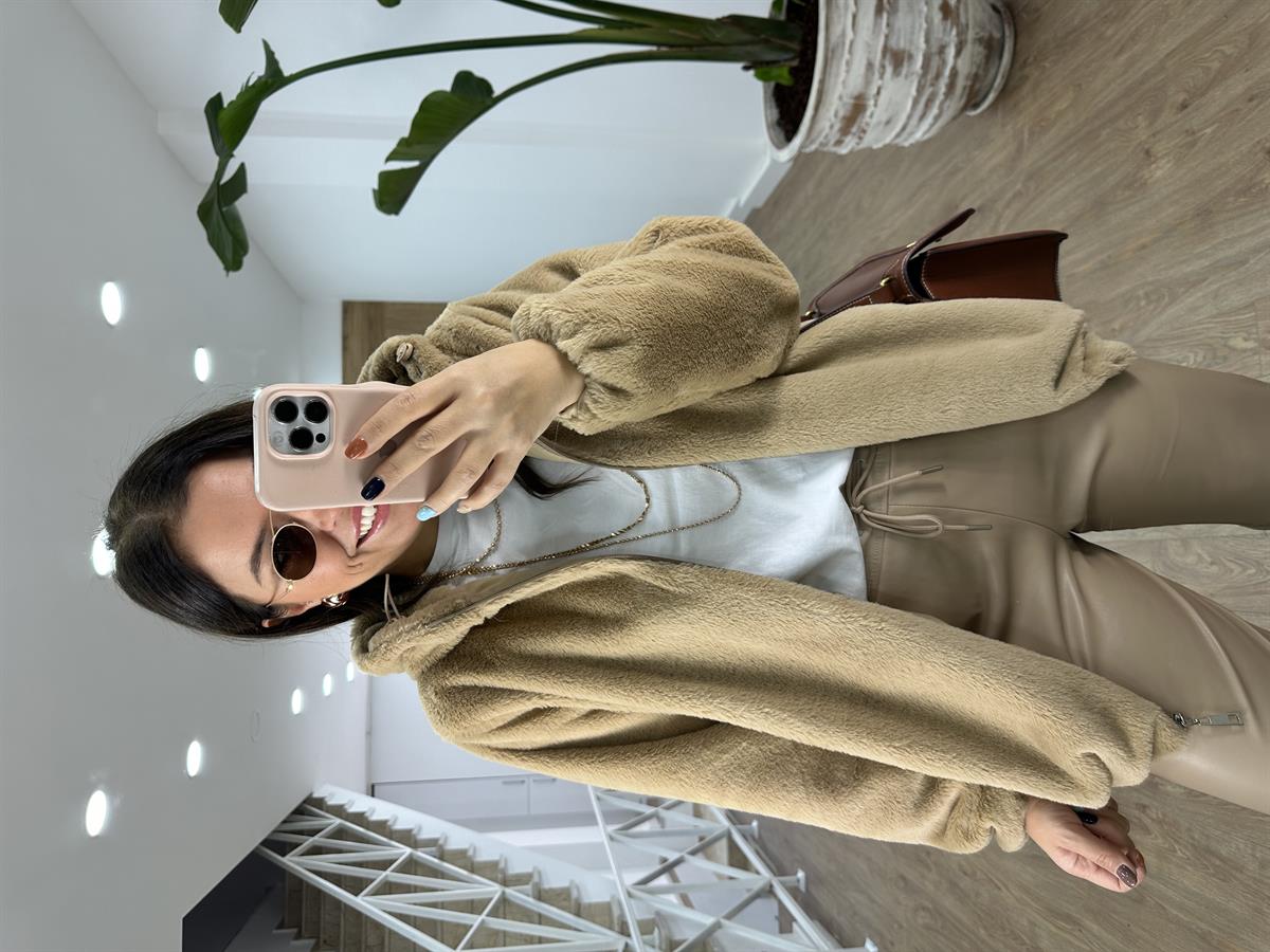 İçerisi Astarlı Kapüşonlu Kürk-Camel