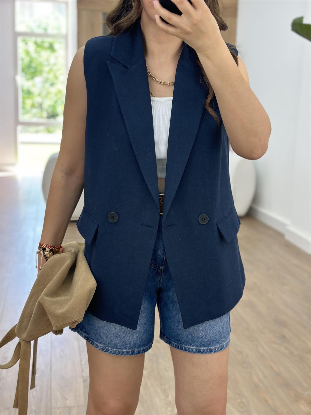 İçerisi Astarlı Keten Yelek-Lacivert