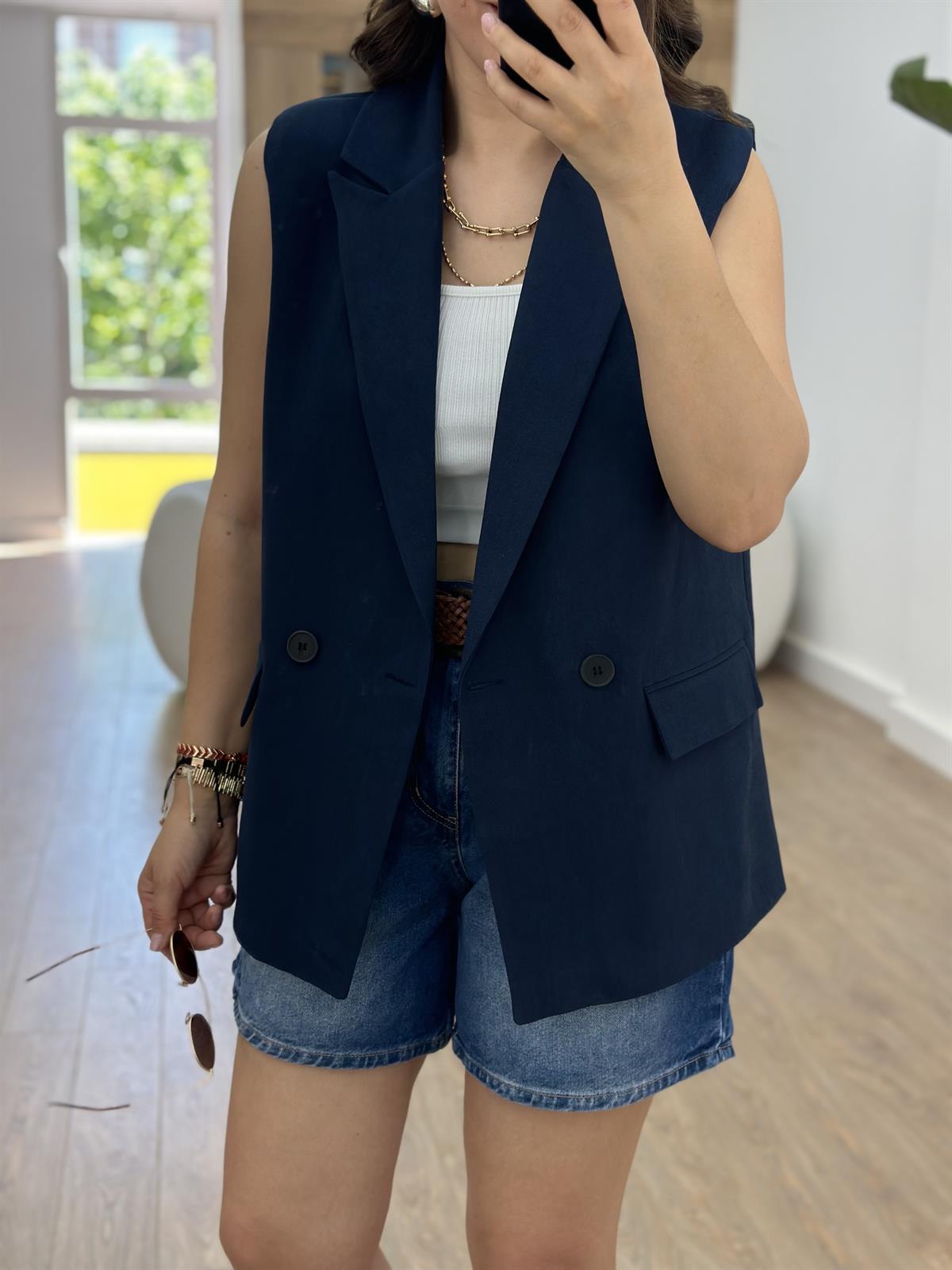İçerisi Astarlı Keten Yelek-Lacivert