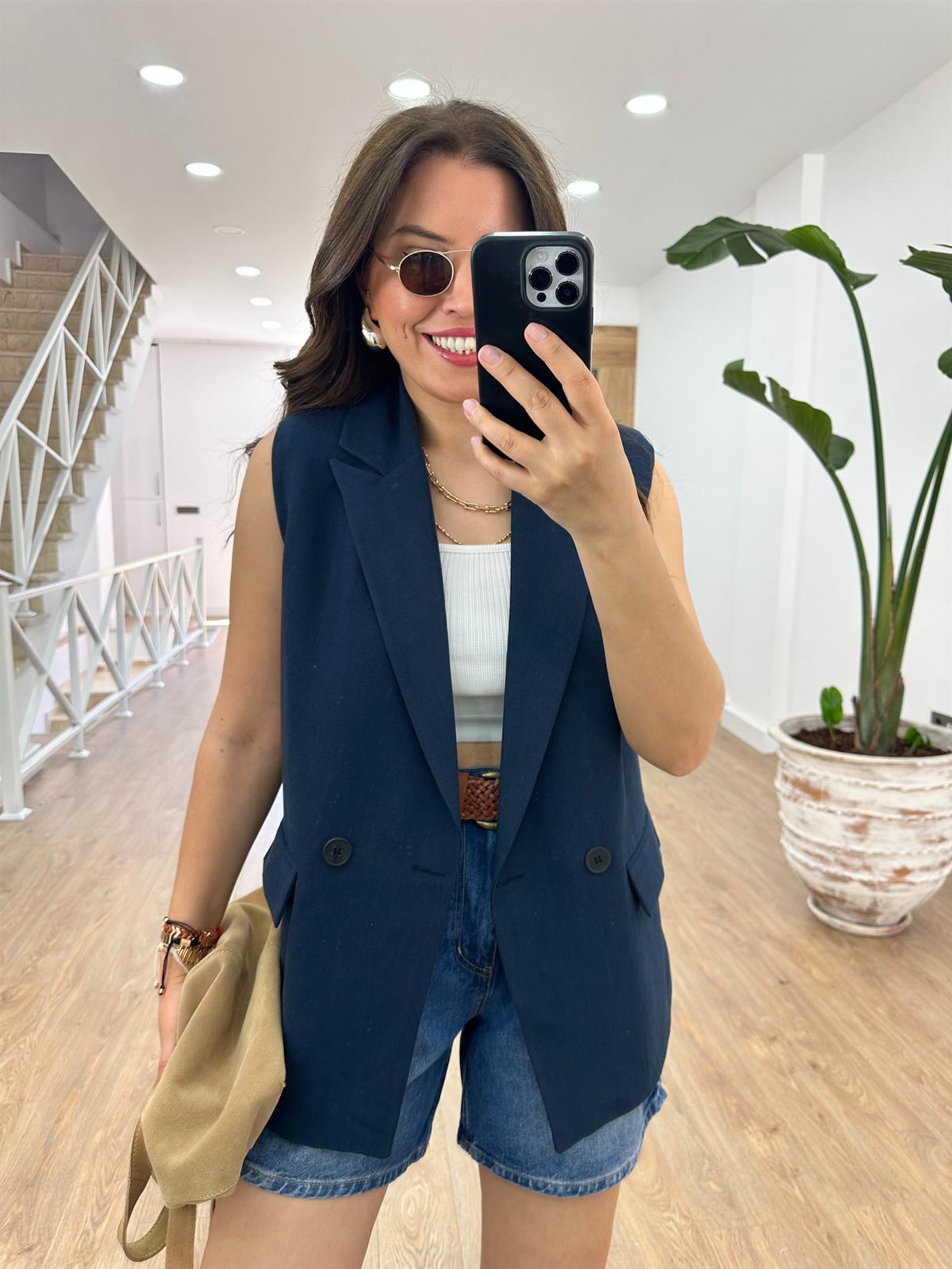 İçerisi Astarlı Keten Yelek-Lacivert