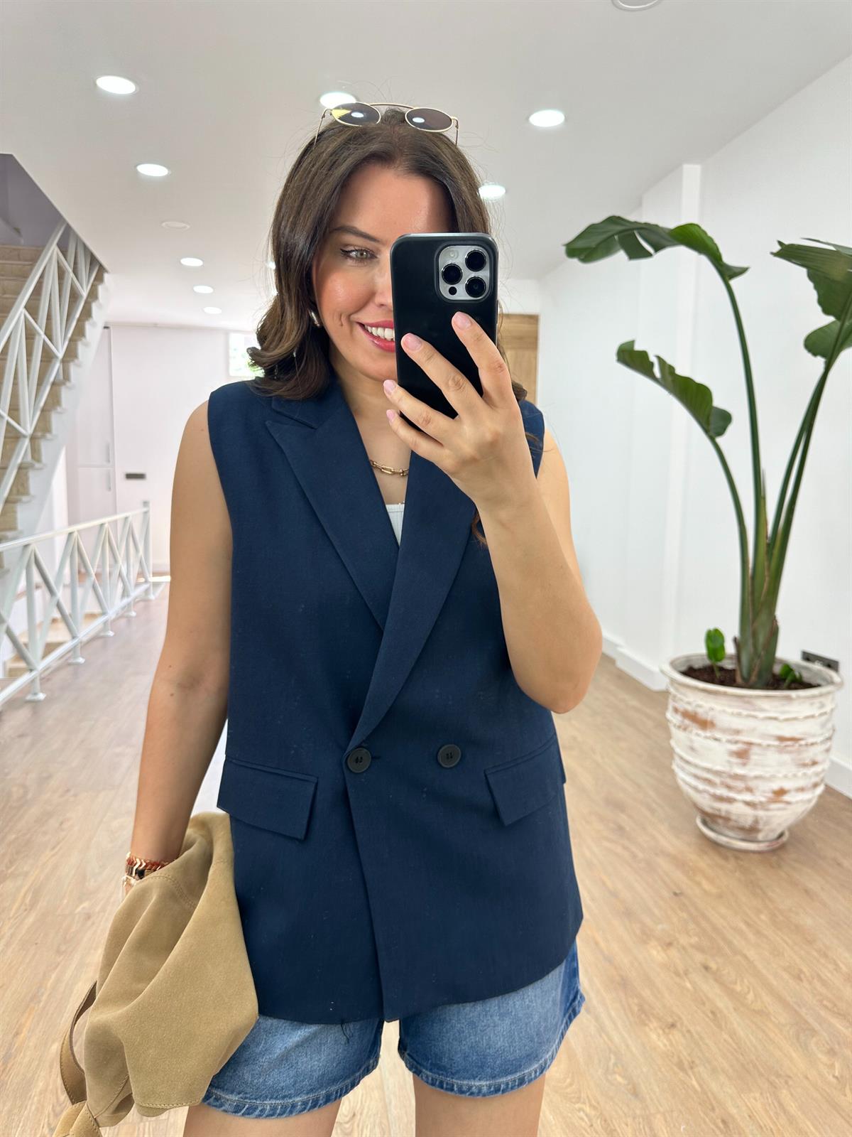 İçerisi Astarlı Keten Yelek-Lacivert