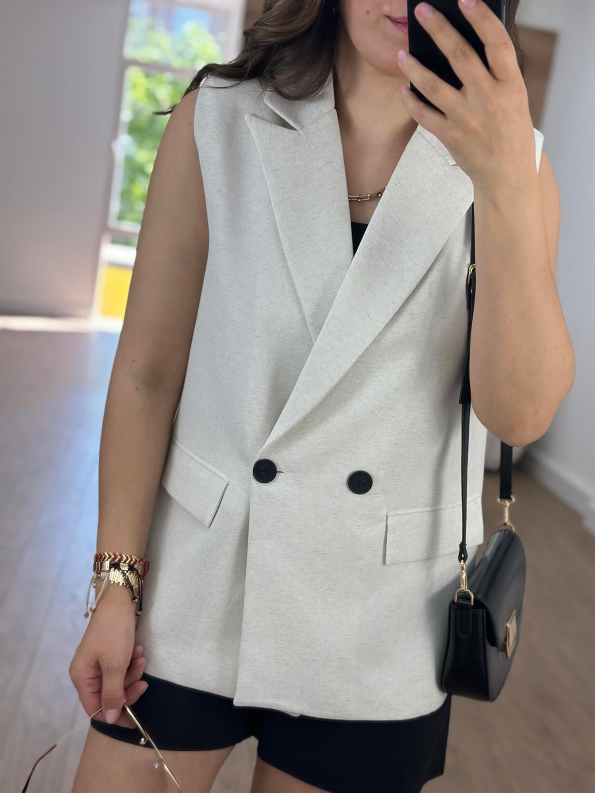 İçerisi Astarlı Keten Yelek-Taş