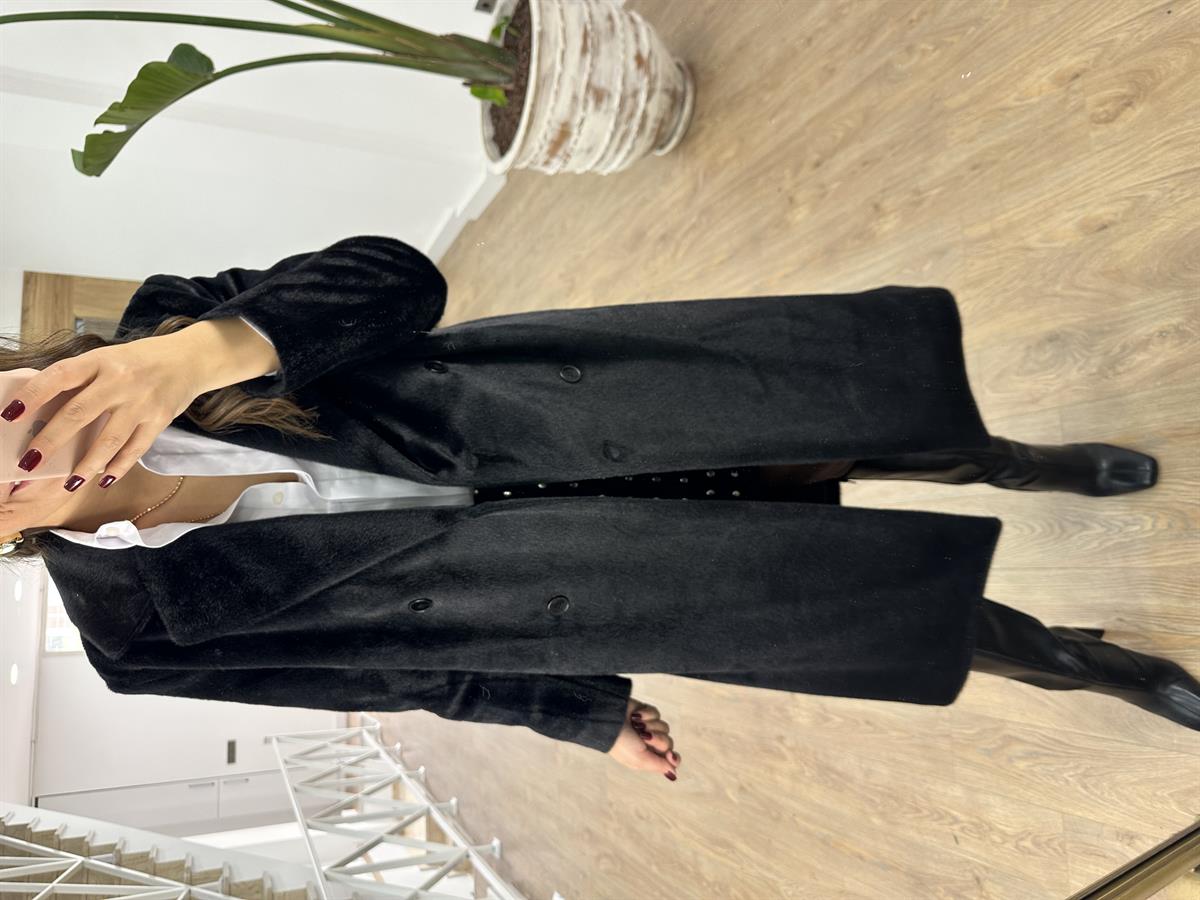 İçerisi Astarlı Tüylü Maxi Kaban-Siyah