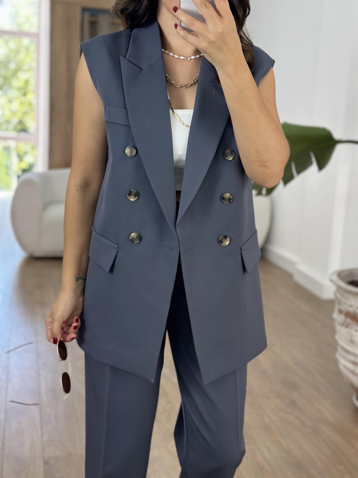 İçerisi Astarlı Yelek Pantolon Takım - Füme