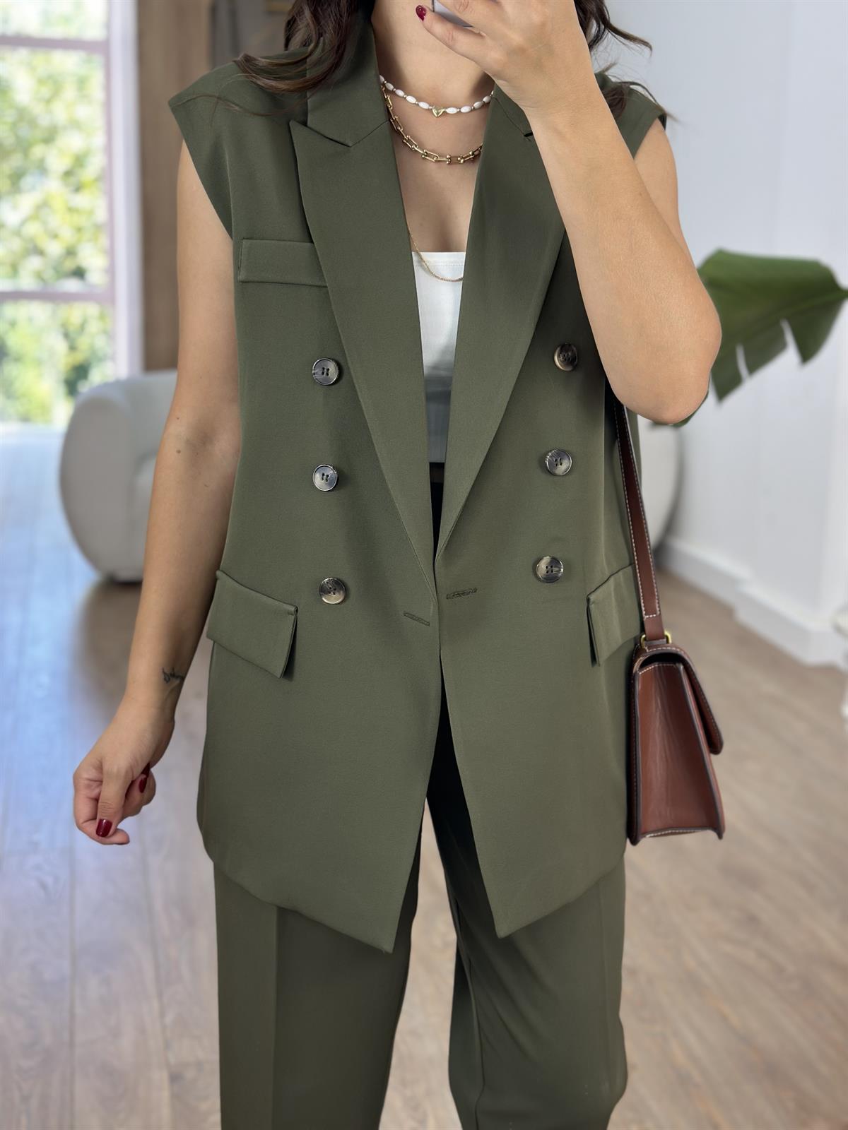 İçerisi Astarlı Yelek Pantolon Takım - Haki