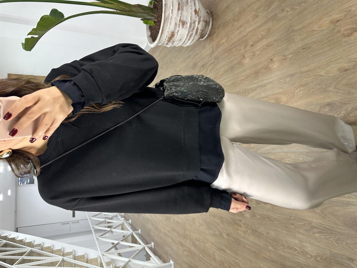 İçerisi İnce Şardonlu Basic Sweatshirt-Siyah