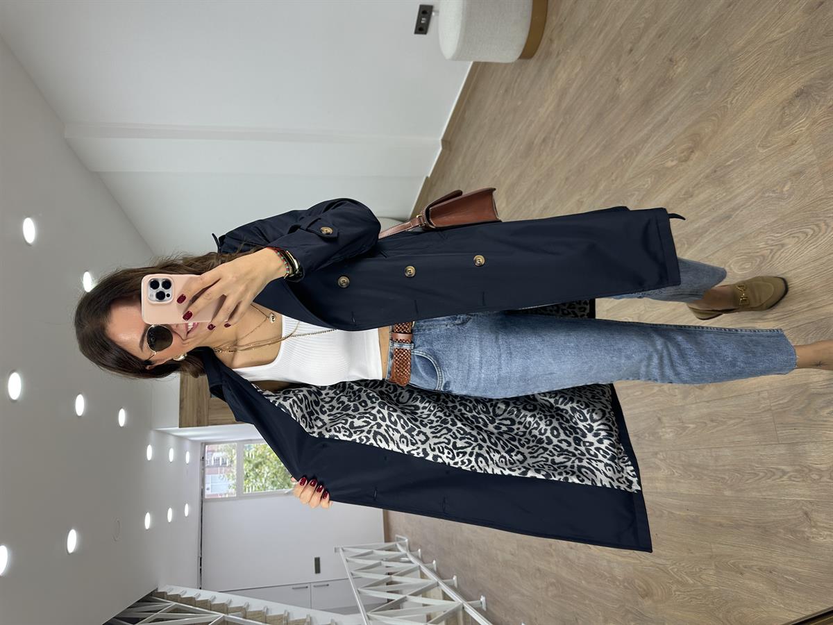 İçerisi Leopar Astarlı Trenç-Lacivert