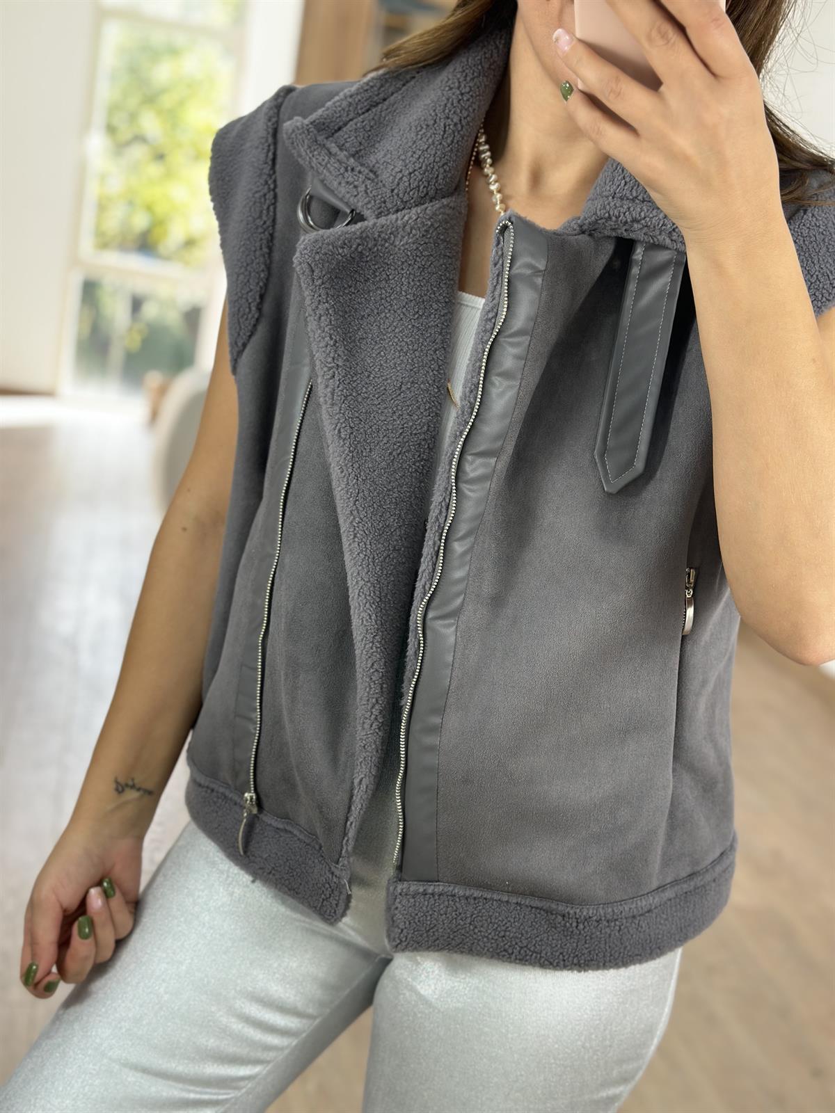 İçerisi Yumuşacık Kürklü Güderi Yelek -Gri