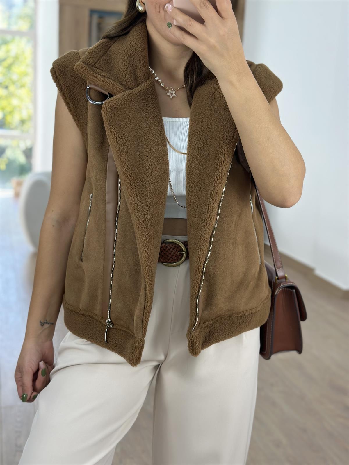 İçerisi Yumuşacık Kürklü Güderi Yelek -Taba