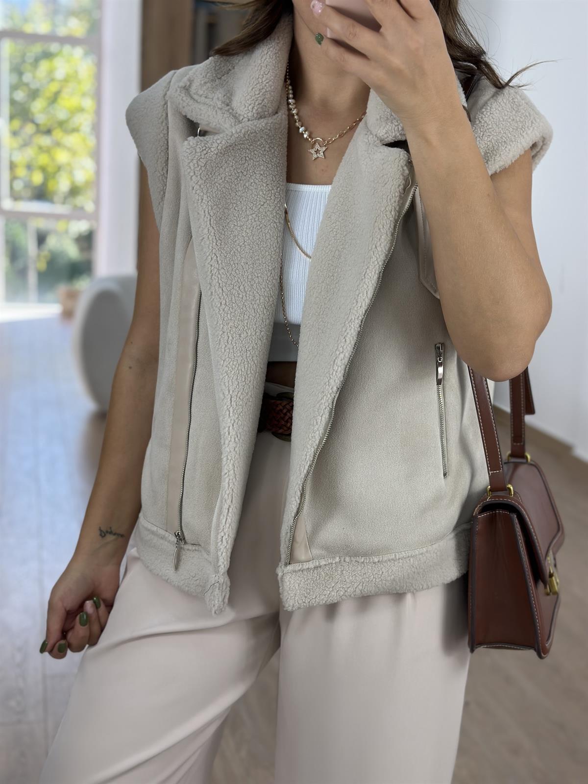 İçerisi Yumuşacık Kürklü Güderi Yelek -Taş