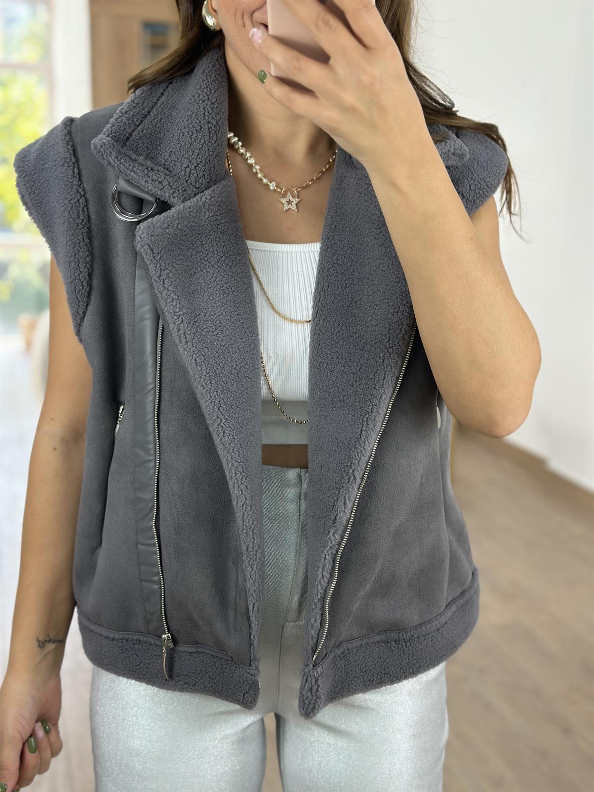 İçerisi Yumuşacık Kürklü Güderi Yelek -Gri