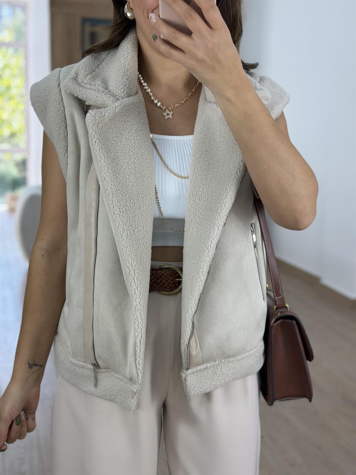 İçerisi Yumuşacık Kürklü Güderi Yelek -Taş