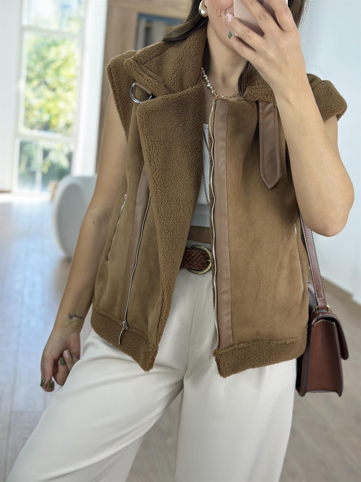 İçerisi Yumuşacık Kürklü Güderi Yelek -Taba