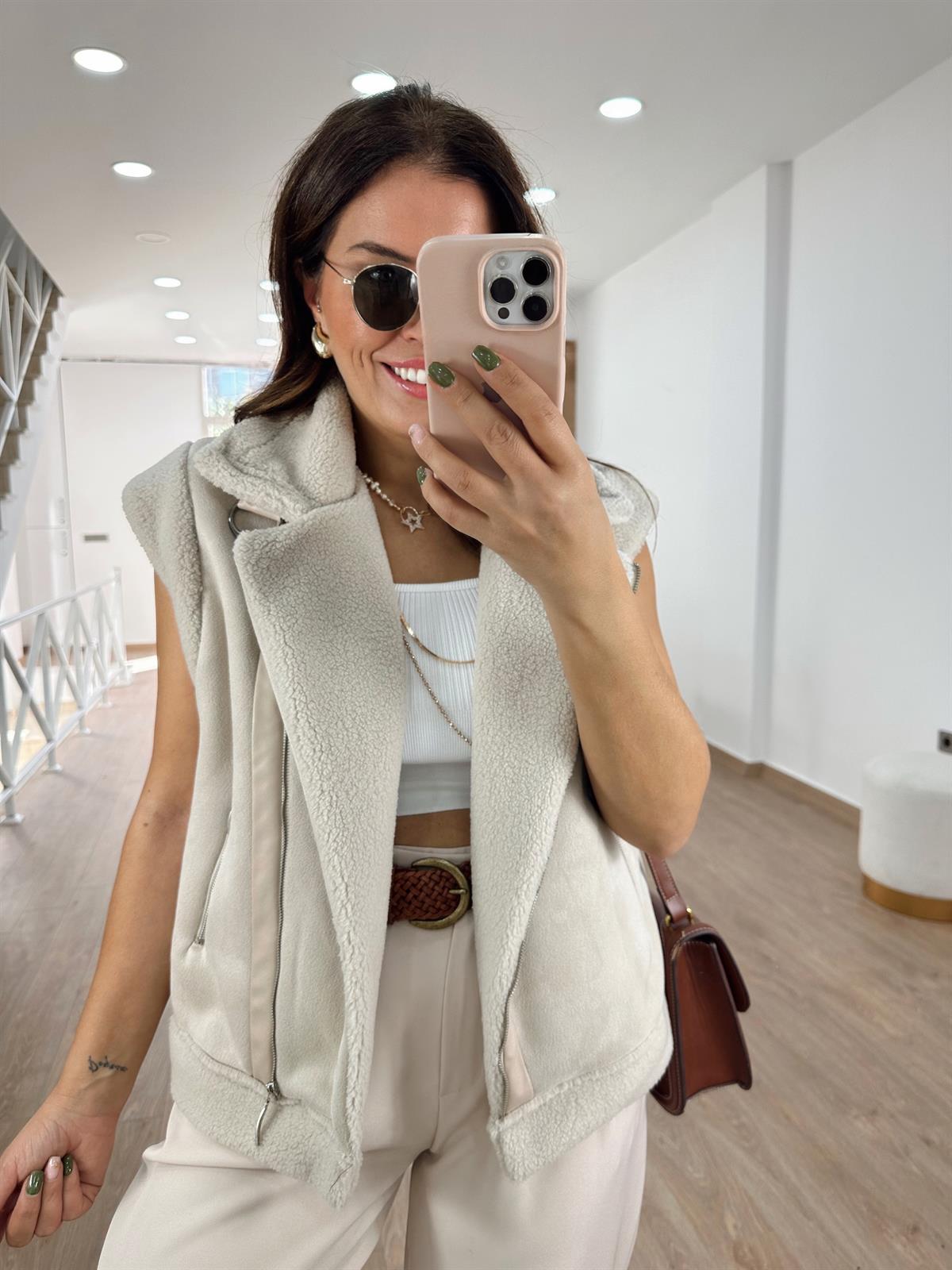 İçerisi Yumuşacık Kürklü Güderi Yelek -Taş